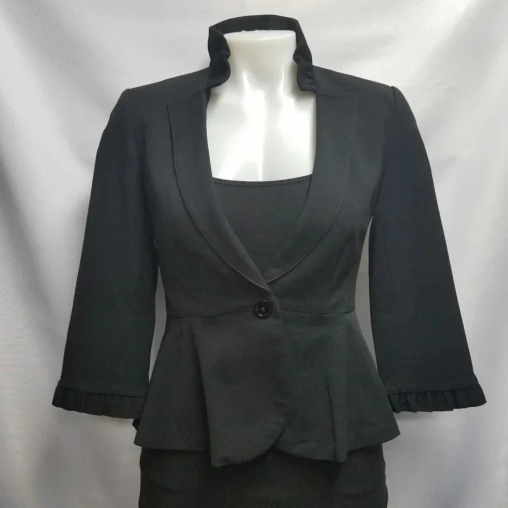 White House Black Market One Button Peplum Ruffle Collar Cuff Jacket Black 00